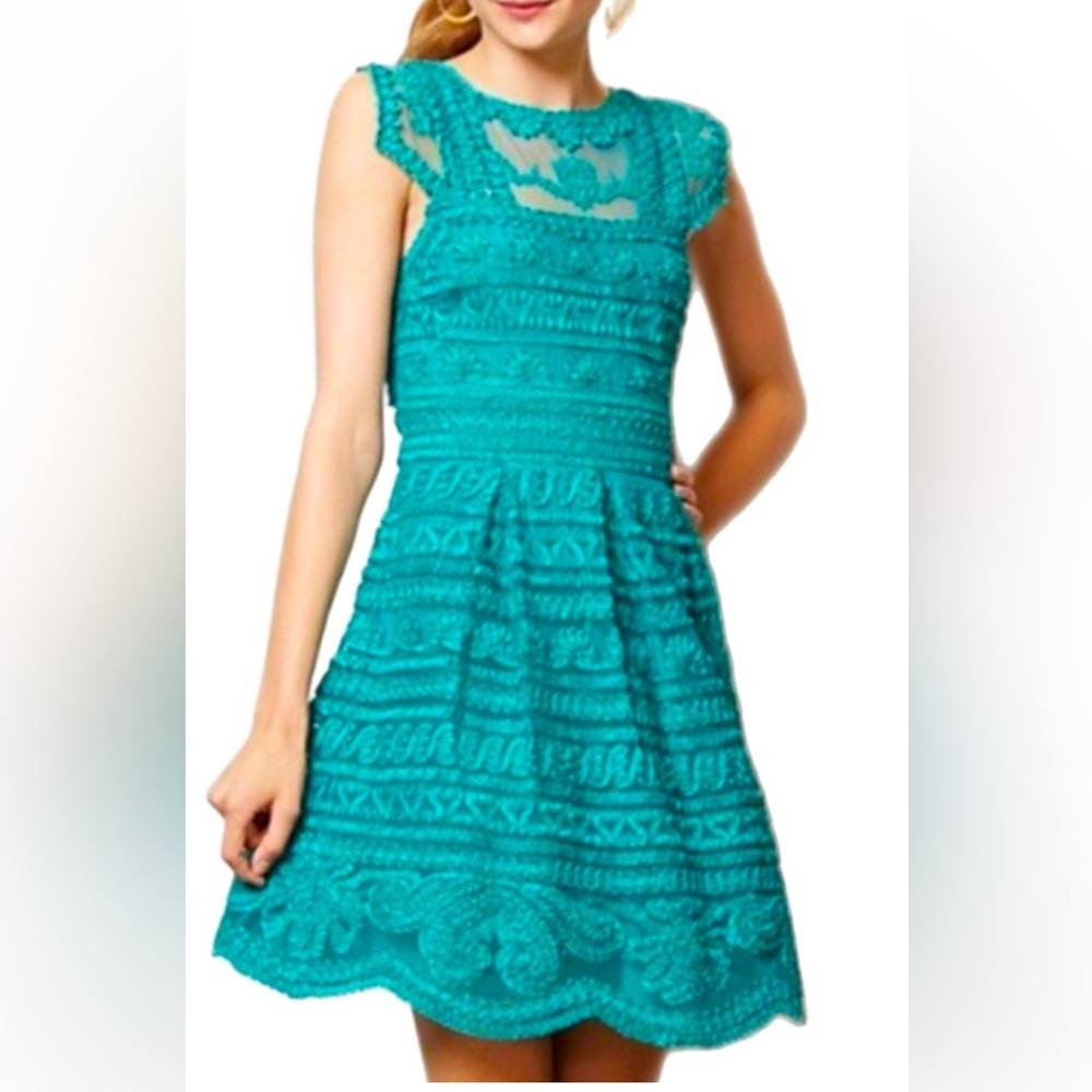 Yoana Baraschi teal/aqua mesh embroidered lace fit and flare Dress Size 4